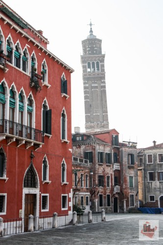 Venise, église, palais, place, brume, brouillard